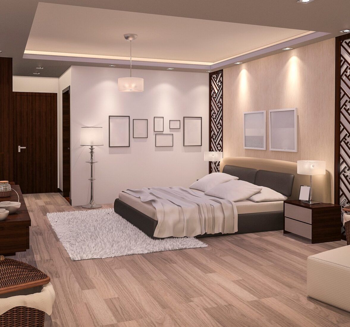 3d rendering night bedroom with parquet floor